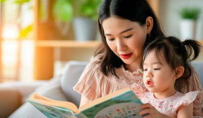 Oriental mother and son reading in the living room of her house. International book day