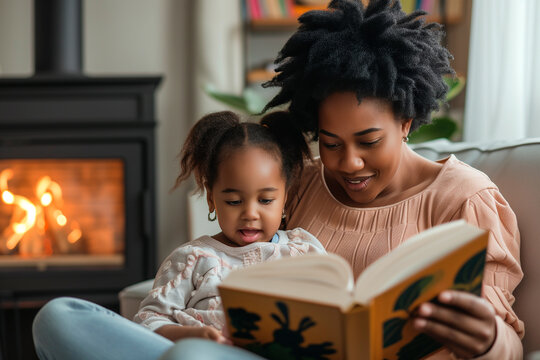 African American mother and son reading in the living room of her house. International book day