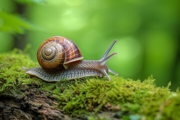 An image of a common garden snail with a brown banded shell, slowly crawling over a mossy log in a lush green forest - Generative AI