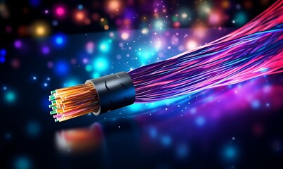 Bundle of fiber optic cables. Optical fiber cable Colorful illustration. Generative Ai