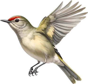 Close-up image of a Ruby-Crowned Kinglet bird. 