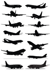 Airplane silhouettes. Black hand drawn illustration. One click color change