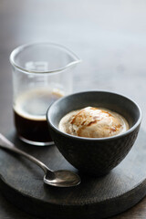 Italian dessert affogato, selective focus