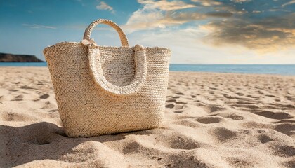 beach bag on the beach, Striped linen beach towel, woven bag and two coconuts on sandy beach with shadows from palm tree. Relaxation and tropical summer holidays concept