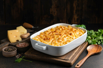 Mac n cheese, traditional american food, selective focus