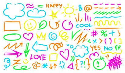 Highlight brush lines, shapes, elements. Big set of hand drawn isolated vector objects on white background. Neon pink doodle strokes, symbols. Acid highlighters marker stripes, underlines for any use.