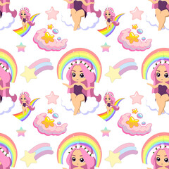 Seamless cartoon pattern of unicorn girl with rainbow sky. Create beautiful art with cute drawings.
