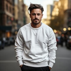 Fototapeta premium Confident man in a white sweatshirt against a blurred urban street backdrop.