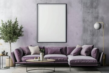Stylish interior with velvet sofa, blank frame, and decorative plants.