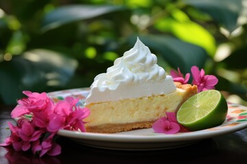 Obraz na płótnie Canvas A slice of key lime pie with a background of vibrant azalea bushes.