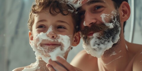 Father and son shaving together. Father and Son. Parenthood concept. Family at Home. Shaving man. Healthcare and hygiene concept. Little boy.
