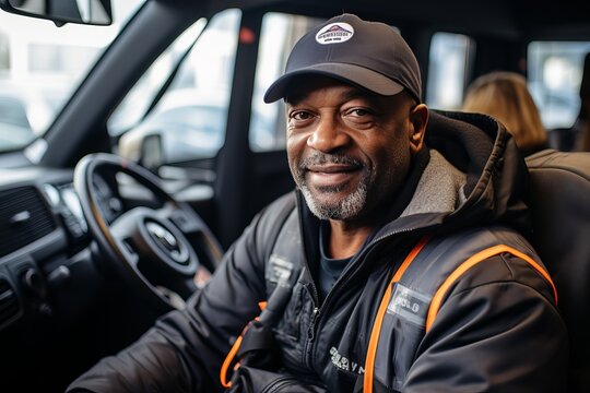Joyful black truck driver sitting in vehicle cabin and looking at camera with a bright smile