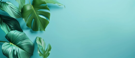 Fototapeta na wymiar Tropical Leaves on a Calm Blue Background