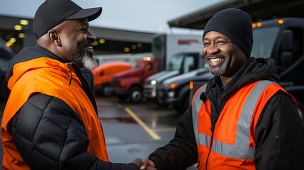 Cheerful black driver and dispatcher captured shaking hands at the truck parking lot