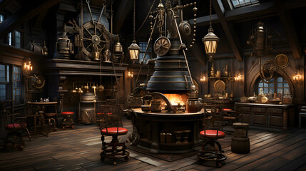 there is a large fireplace in the room with many items