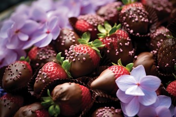 Chocolate-dipped strawberries displayed amidst blooming hydrangeas.