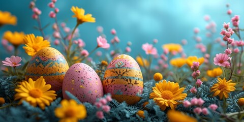 Obraz na płótnie Canvas Colorful Easter Eggs Among Spring Flowers.