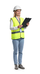 Engineer in hard hat holding clipboard on white background