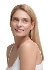 Beautiful woman with healthy skin on white background