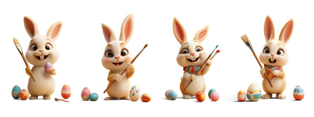 Cute easter bunny holding a paint brush with eggs collection transparent background
