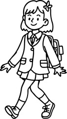 child with a bag going to school, outline illustration