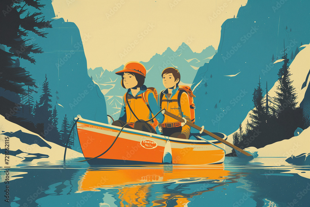 Wall mural Retro poster graphic of two japanese kids rowing down the river and looking at the mountains