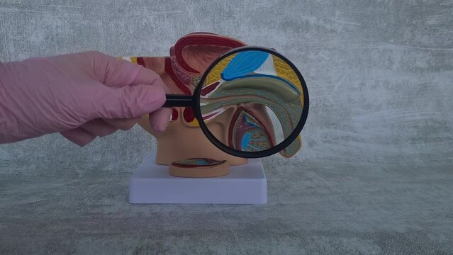 Urologist measures penis using measuring tape closeup. Man health examination of male genital organs