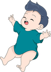 doodle cartoon illustration, toddler boy is happily jumping around