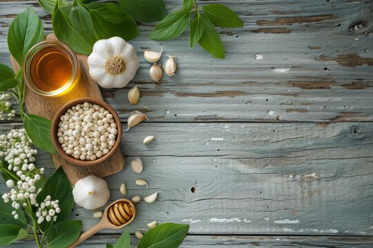 Natural Remedies on Wooden Backdrop: A Symphony of Honey, Garlic, and Herbal Freshness