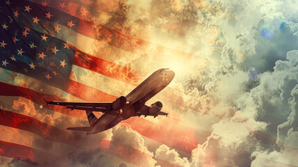 Airplane Silhouette Over American Flag at Sunset.A dramatic composite image of a commercial airplane silhouette flying over a stylized American flag backdrop during a vibrant sunset. - obrazy, fototapety, plakaty