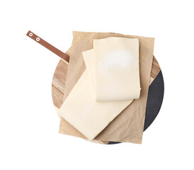 Raw puff pastry dough isolated on white, top view