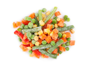Mix of different frozen vegetables isolated on white, top view