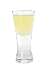Shot glass with tasty limoncello liqueur isolated on white
