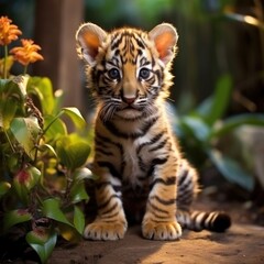 Obraz premium Leopard cub in the garden, Two-month-old tiger cub sitting in the garden