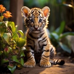 Leopard cub in the garden, Two-month-old tiger cub sitting in the garden