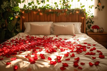 An overhead shot of a bed covered in rose petals and heart-shaped confetti