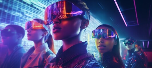 Square image of a young woman with reflective sunglasses in a neon-lit futuristic nightclub, surrounded by a lively crowd in metallic outfits, encapsulating vibrant nightlife energy.