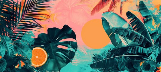 Lush tropical foliage in vibrant sunset hues, featuring detailed palm and monstera leaves with a vintage cut-and-paste effect, perfect for a lively and creative summer-themed design.