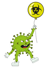Disease X Pathogen character in trendy Rubber Hose style on Biohazard balloon isolated white background. Green Virus in Groovy style. Vector illustration can used medical web poster EPS 10