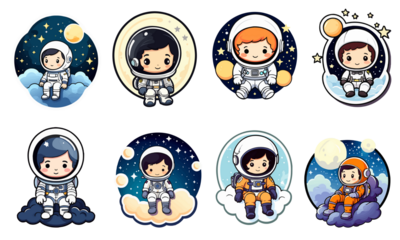 set of cartoon characters, cute astronaut, sticker pack, transparent background. AI Generated