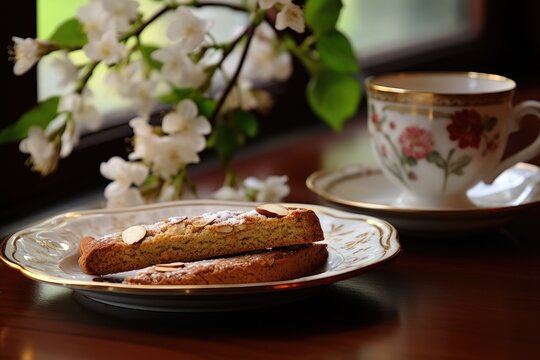 Almond biscotti on a lace doily with a view of a flowering dogwood tree.