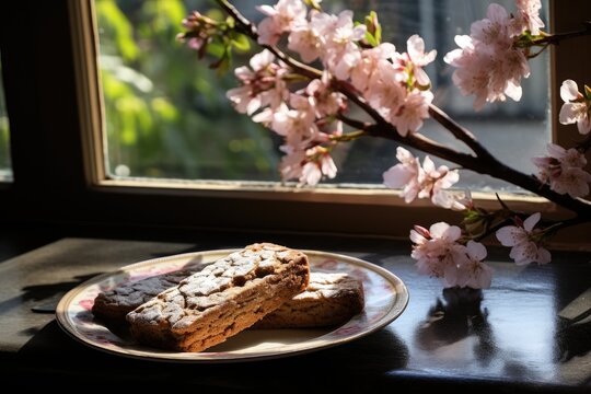 Almond biscotti on a lace doily with a view of a flowering dogwood tree.