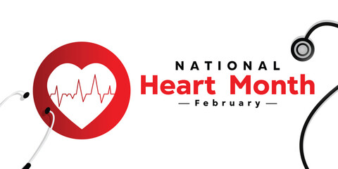 National Heart Month. featuring stethoscopes, hearts and more, white background. banners, posters, social media content, cards and more.