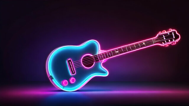 Neon light guitar on dark background