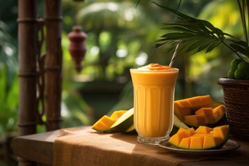 Close-up of a mango smoothie with a gazebo nestled in the greenery. - obrazy, fototapety, plakaty