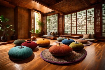 Fototapeta na wymiar A fusion of Indian and South Korean design in a meditation room, with a perfect harmony of Ayurvedic colors, Korean floor cushions, and a soothing water feature.