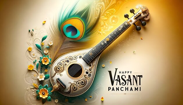 Illustration of vasant panchami greeting card with veena and decoration.