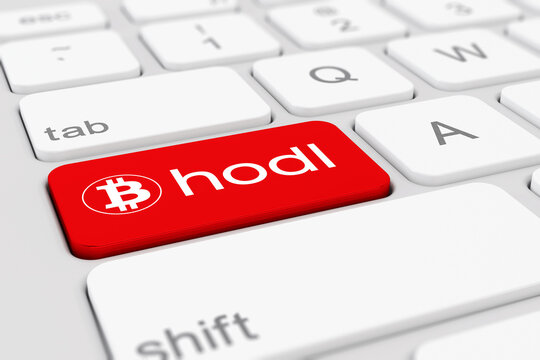 3d render of a white keyboard of a computer with a red key and the bitcoin logo as well as the text hodl - business concept.