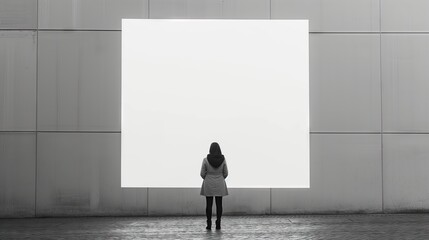 a woman watching a giant empty white screen mock-up.