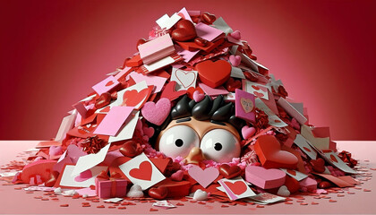 A cartoon character humorously buried under a mountain of heart-shaped Valentine's cards and gifts, with just their eyes and a bewildered expression visible - Generative AI